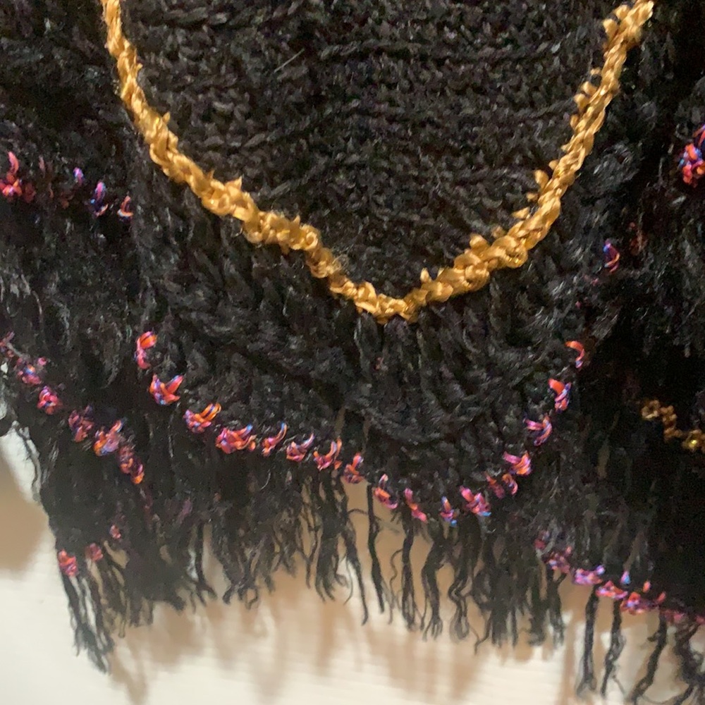 RARE/UNIQUE VINTAGE FLASHBACK RETRO SZ L FUZZY KNIT JACKET:BLACK/MULTI+ FRINGE - Picture 9 of 12